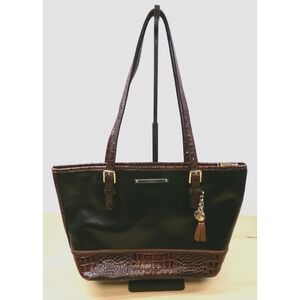 Brahmin Asher Black Tuscan Leather Brown Croc Embossed Handbag Tote Purse